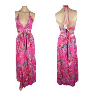 Shein Pink Floral Bikini Halter Maxi Cutout Dress 8/10